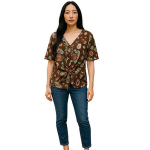 Paisley Blouse Womens XL Tie Front Short Sleeve Casual Festival Concert Rodeo